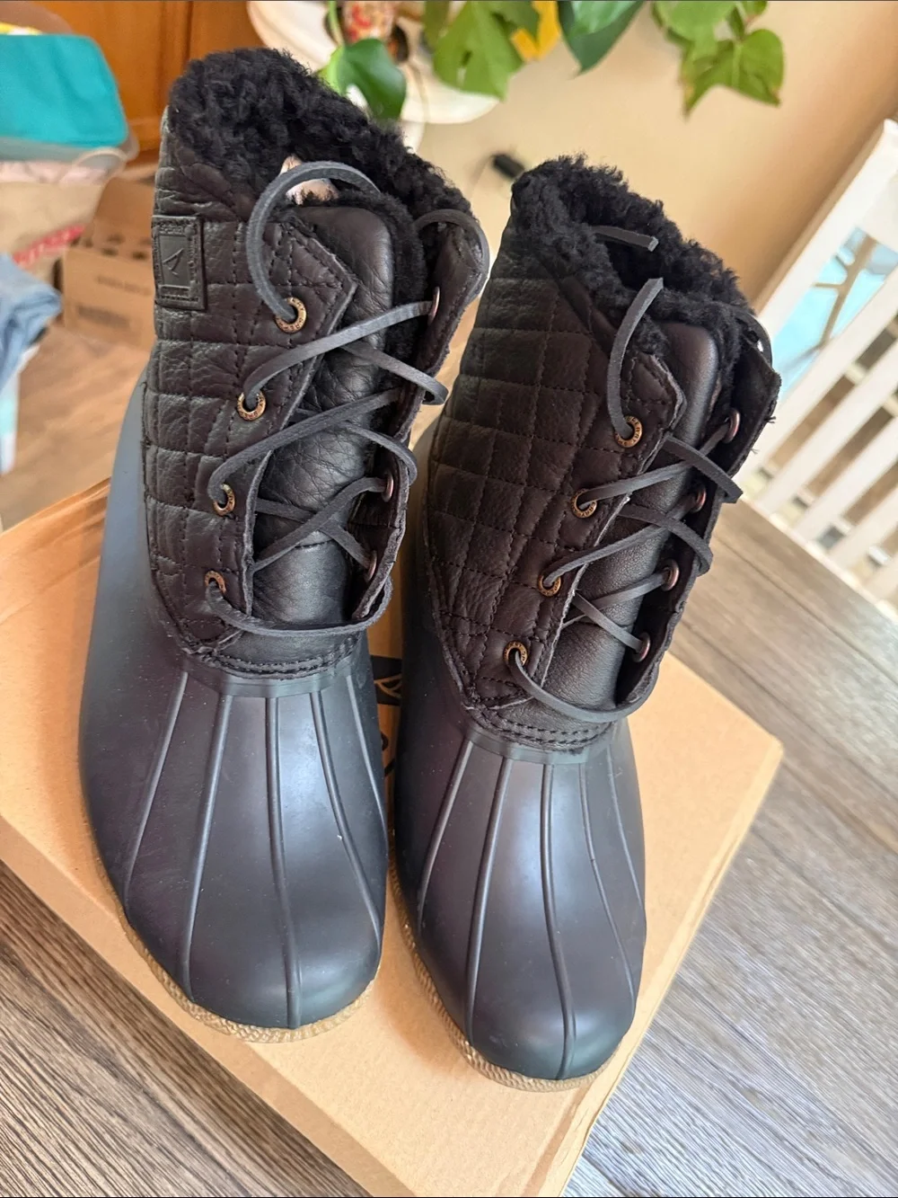 Sperry Black Quilted Lace-Up Duck Boots with Brown Soles